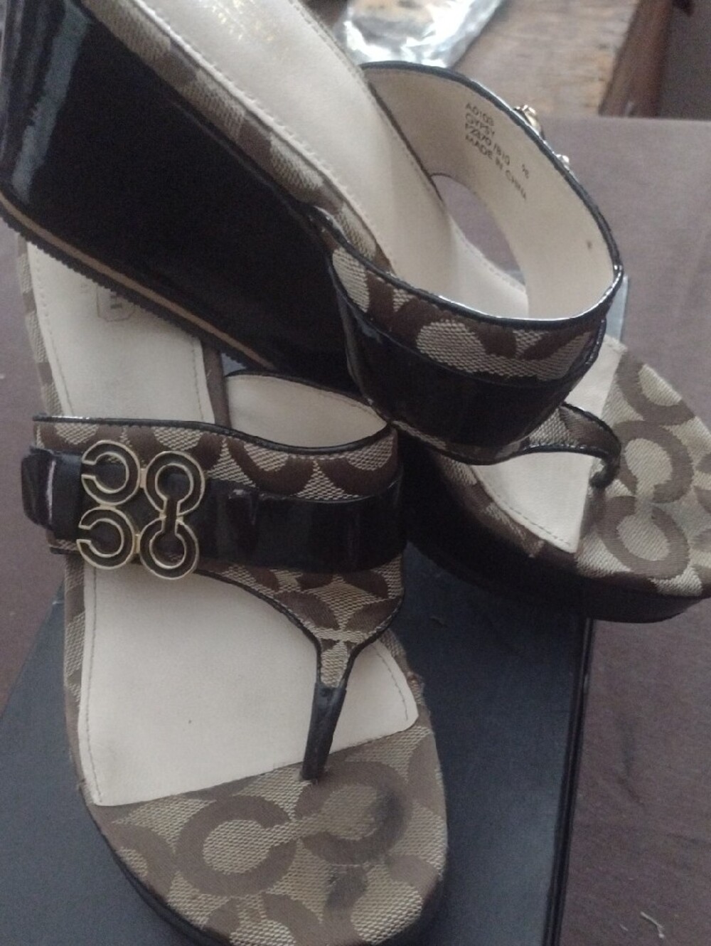 Coach Brown and Black Signature Monogram Wedge Sandals - Picture 2 of 8